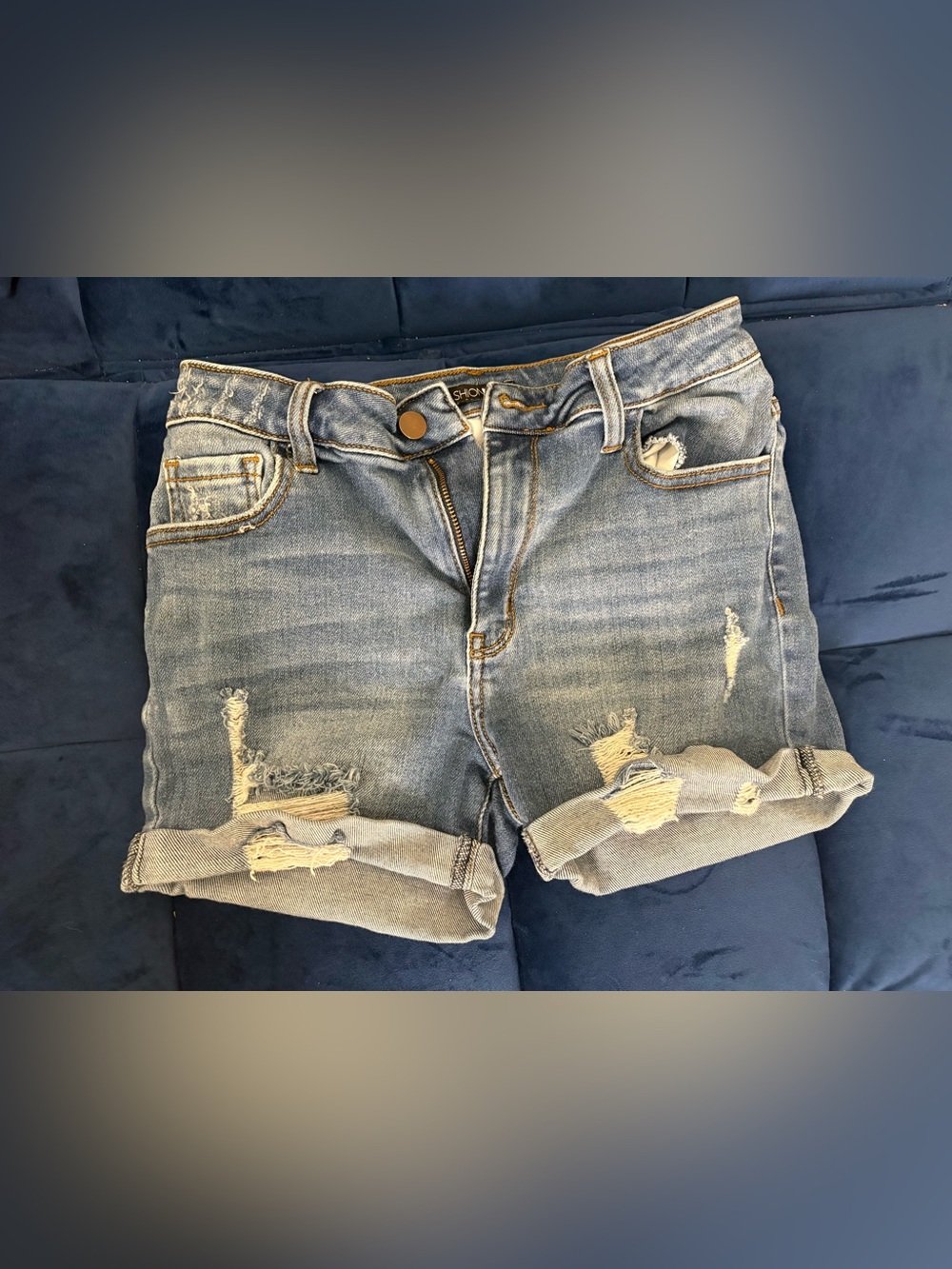Fashion Nova Light Blue Denim Shorts with Contrast Stitching